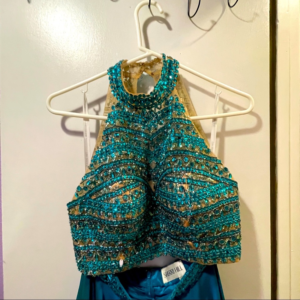 Teal beaded two piece Sherri hill gown